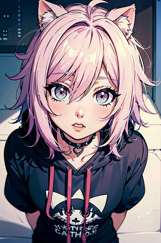 cel shading, detailed eyes, best quality, highly detailed, masterpiece, best quality, hair between eyes, short hair, solo male, hair, pink hair, spike choker, solo male, cat ears, oversized hoodie, poofy hair, fluffy hair, looking at viewer, male, detailed nose, detailed lips, 