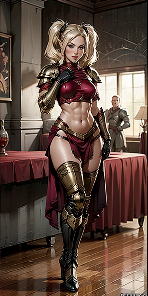 (masterpiece), best quality, expressive eyes, perfect face(masterpiece), best quality, expressive eyes, perfect face, Female warrior, short black hair, scar on left eye, bronze skin, red lips, amber eyes, muscular, wide hips, large breasts, holding a sword, red cape torn shoulder, arm sleeves, belt on legs, steel plate boots, steel plate gauntlets, chocker, breast plate, pussy plate, body scars, standing, greatsword on back, arm armor, leg armor, half naked, shirtless,