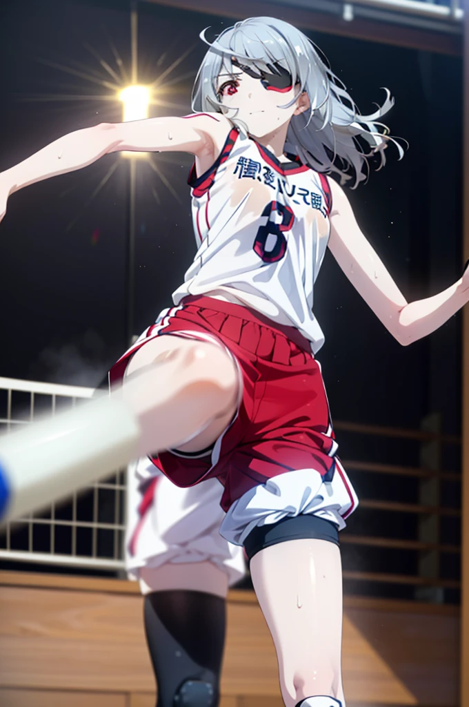 Laurabodewig, Laura Bodewig, Long Hair, (Red eyes:1.3), Grey Hair, Eye patch,smile,
break, (((Stained bloomers))), (Stained Volleyball Uniforms), Sleeveless volleyball uniform, (((Stained bloomers))), (Knee pads), (Elbow pads), (bare hands), ((Sweat)), ((covered in Sweat)), (breathe), Volleyball court, Ballet Shoes,whole bodyがイラストに入るように,
break indoors, gym,
break looking at viewer,whole body, (Cowboy Shot:1.5),
break (masterpiece:1.2), Highest quality, High resolution, unity 8k wallpaper, (figure:0.8), (Beautiful attention to detail:1.6), Highly detailed face, Perfect lighting, Highly detailed CG, (Perfect hands, Perfect Anatomy),