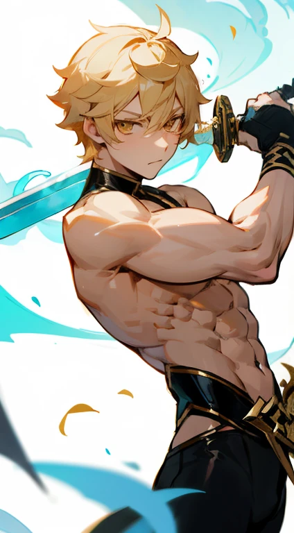 Aether from Genshin Impact. Blonde boy. Short hair. Golden Eyes. Slightly Muscular body.