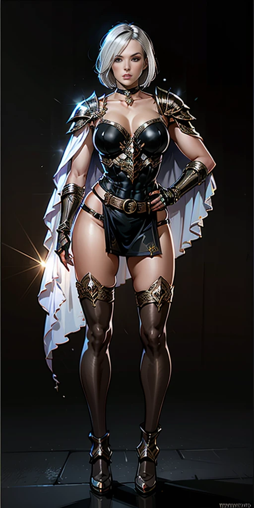 ((BLACK BACKGROUND,1:2, masterpiece)) full body MILF BIMBO standing with two long thighs and two metal sandals, red eyes, silver white hair, short bob style hair, choker, armor, cape, black dress, single glove, thigh highs, armored legwear, orange boots, choker, big belt, view from below, feet together, bracers, tiara, hyper realistic
