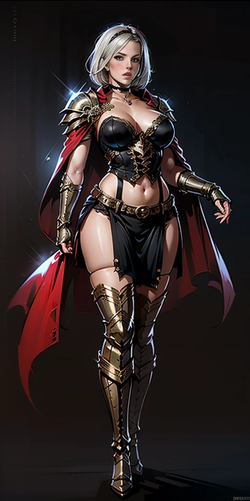 ((BLACK BACKGROUND,1:2, masterpiece)) full body MILF BIMBO standing with two long thighs and two metal sandals, red eyes, silver white hair, short bob style hair, choker, armor, cape, black dress, single glove, thigh highs, armored legwear, orange boots, choker, big belt, view from below, feet together, bracers, tiara, hyper realistic