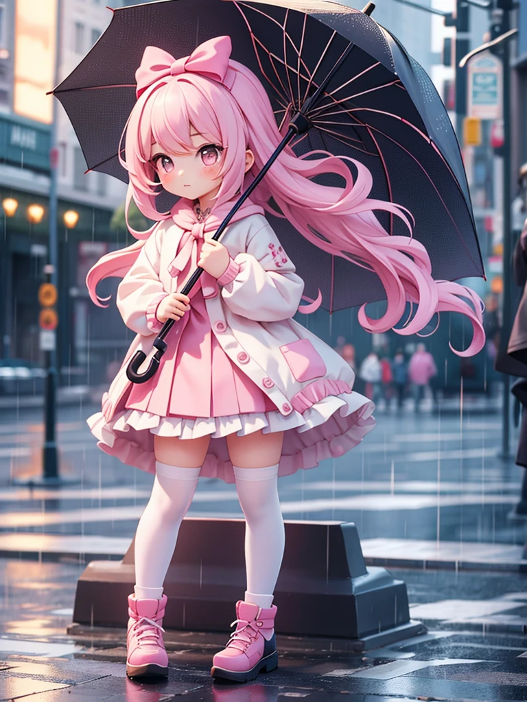 ((bishojo)), ((jk, girl)), ((puffy eyes)), (masterpiece), (top quality), (hyper detailed), (exquisite), (8k), (depth), (crisp), (beautiful and aesthetic), (super detailed skin), (high standard), (high resolution), (perfect anatomy), (realistic), (full body), (knee socks), (pink cheek), (underdressed), (bow in hair), (piercing), (on the street), (with rain), (one hand, umbrella)
