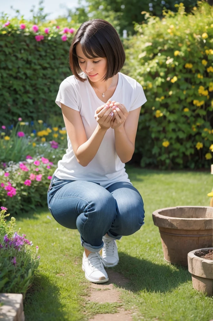 A woman pooping in the garden
