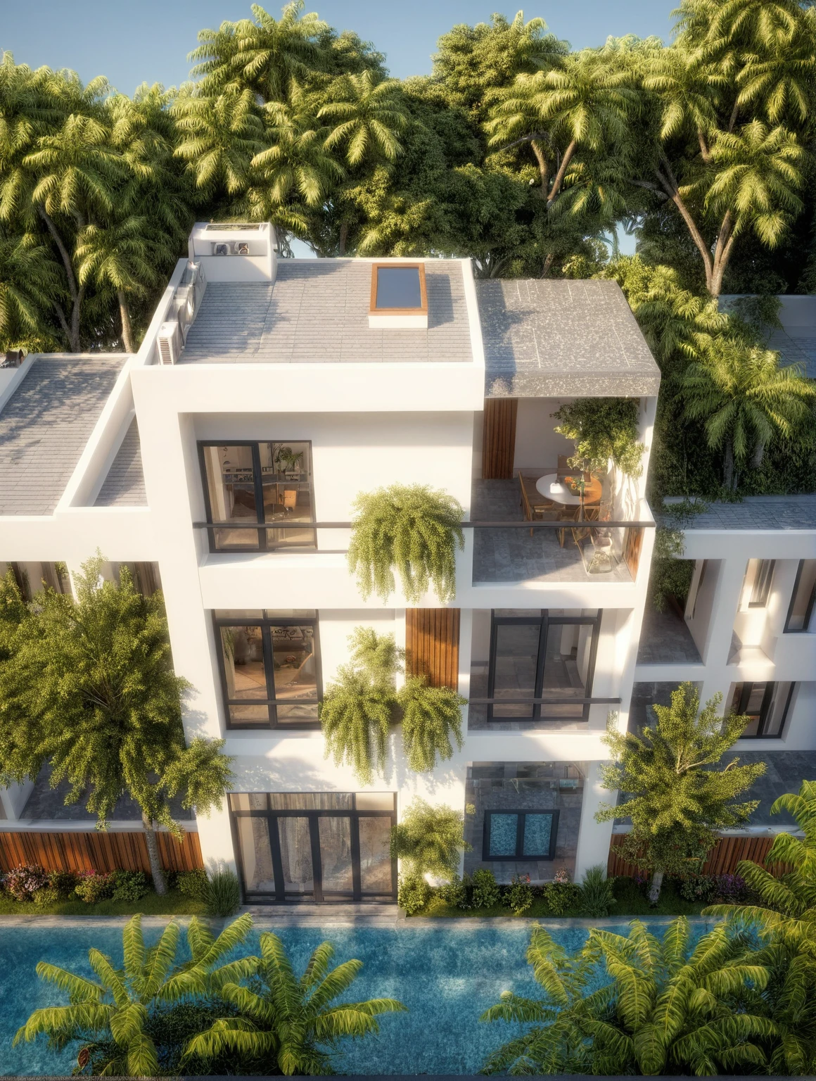 modern villa, modern style, exterior design, perspective view, white wall, (block sidewalks and asphalt roads), (next door neighbor's house), (sun light sky background), Low trees around the house, overall peaceful atmosphere cinematic photo, (Neutral lighting is suitable for the modern villa, light color thermometer sun light 5500 KEVIN), (architectural design visualization), (reflection), (focus on object), (material normal bump real reflection), (scattered light), (light ray), (multi-beam light), (sunbeam) (multi-level reflection), (chao vantge software visualization render),(((Best Quality))), ((Masterpiece)), ((best illustration)), ((best shadows)), ((Super Detail)), (Intricate lines), (Photorealism),(hyper detail), ((archdaily)), ((award winning design)), (dynamic light), ((day)), (perfect light), (shimering light), ((photorealistic)), ((intricate detail)), ((extreme detail)), ((science)), ((hyper-detail)), ((super detail)), ((super reality)), ((crazy detail)), ((octane render)), ((Cinematic)), ((trending on artstation)), ((High-fidelity)), ((Viwvid)), ((Crisp)), ((Bright)), ((Stunning)), ((Eye-catching)), ((High-quality)),((Sharp))((Bright)), ((Stunning)), Natural, ((Eye-catching)), ((Illuminating)), ((Flawless)), ((High-quality)),((Sharp edge render)), ((medium soft lighting)), ((photographic render)), ((detailed archviz)), Sunlight shines into the house, reality environment, spring setting, tropical style space, Aluminum gates, balcony doors, modern townhouse design windows