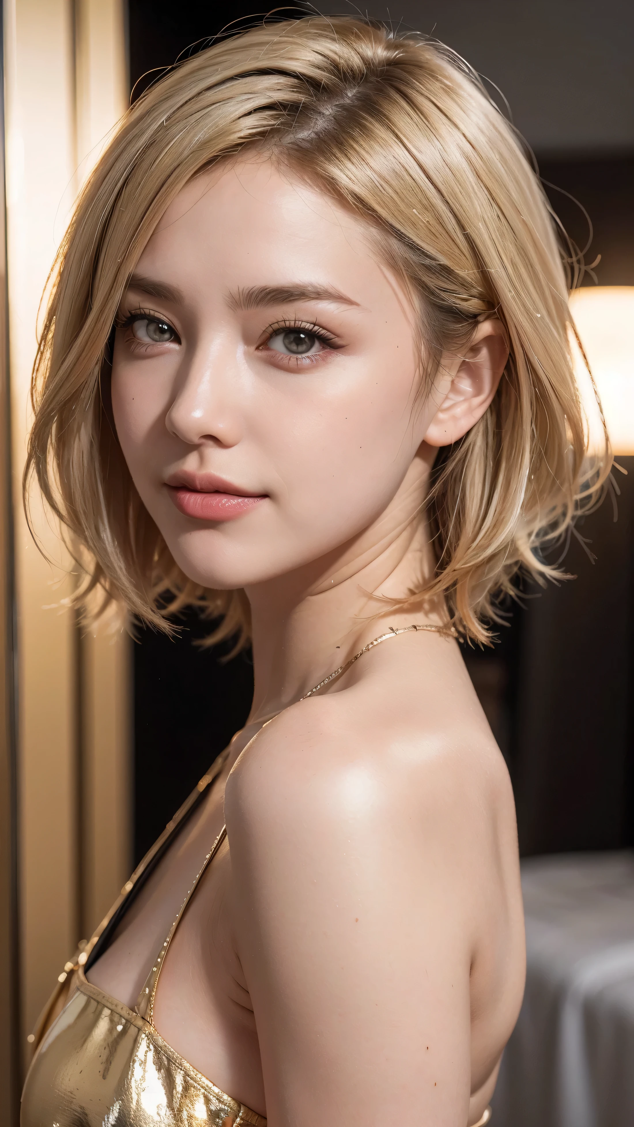 40-year-old woman, delicate and harmonious features on her face, expressive and bright eyes, (detailed pupils: 1.2), long and curved eyelashes, vibrant green eyes, elegant and symmetrical tapered nose, full and well-defined lips with a naturally graceful shape, balanced facial structure, slightly highlighted cheekbones, youthful appearance, delicate jaw creating a smooth and defined line along the face, intricate details, textured skin, detailed skin, skin pores, sweat, white blonde hair, short hair, sexy look, transparent panties and bra, thong panties, looking from the back, provocative pose, anatomically perfect, big boobs, visible boobs halo, full body, 32k, UHD, surrealism, extremely detailed, hyper realistic, studio light, volumetric light, vignetting, depth of field