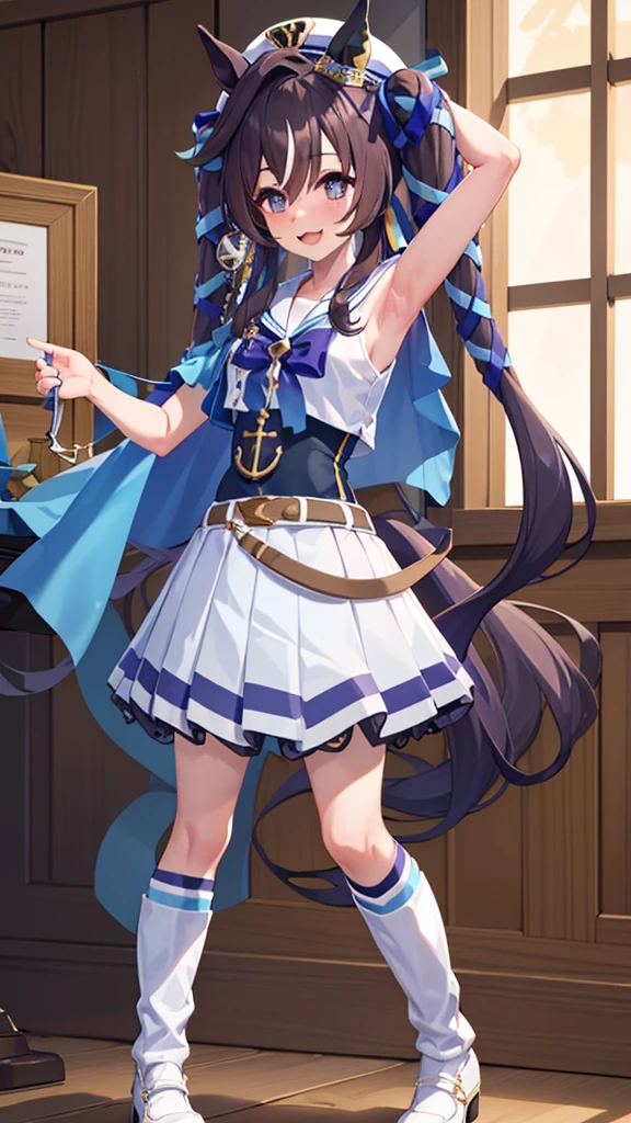 vivlos \(umamusume\), horse tail, hat, white sailor collar, bare shoulders, blue ribbon, small cape, strap, anchor ornament, bodystocking, belt, bare knees, white pleated skirt, white boots, smile, arm up, armpits,
