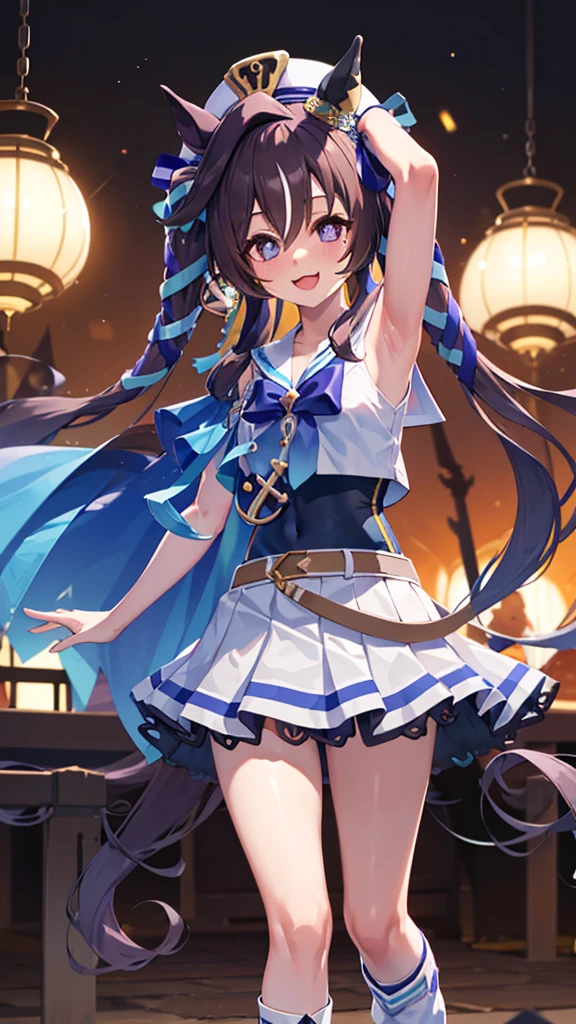 vivlos \(umamusume\), horse tail, hat, white sailor collar, bare shoulders, blue ribbon, small cape, strap, anchor ornament, bodystocking, belt, bare knees, white pleated skirt, white boots, smile, arm up, armpits,