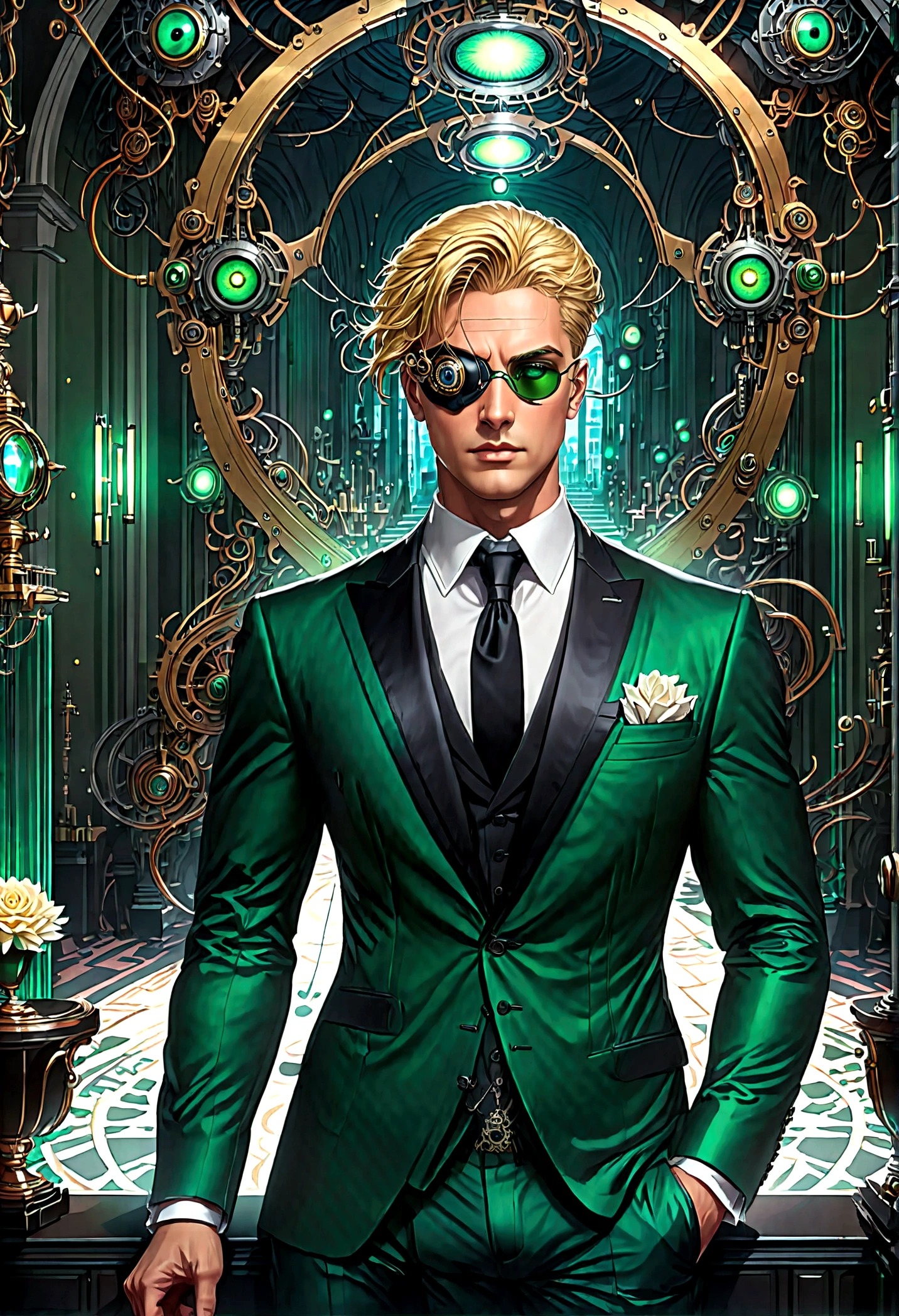 Arafed a picture of a human male spy, wearing dark suit, wearing ((mecha eye patch)), exquisite beautiful male, blond hair, short crop hair, green eyes, eye patch has intricate mechanical part in it, high society gala event background, (Masterpiece: 1.5), 16k, highres, best quality, high details, ultra detailed, masterpiece, best quality, (extremely detailed), ((only one eyed covered: 1.5))