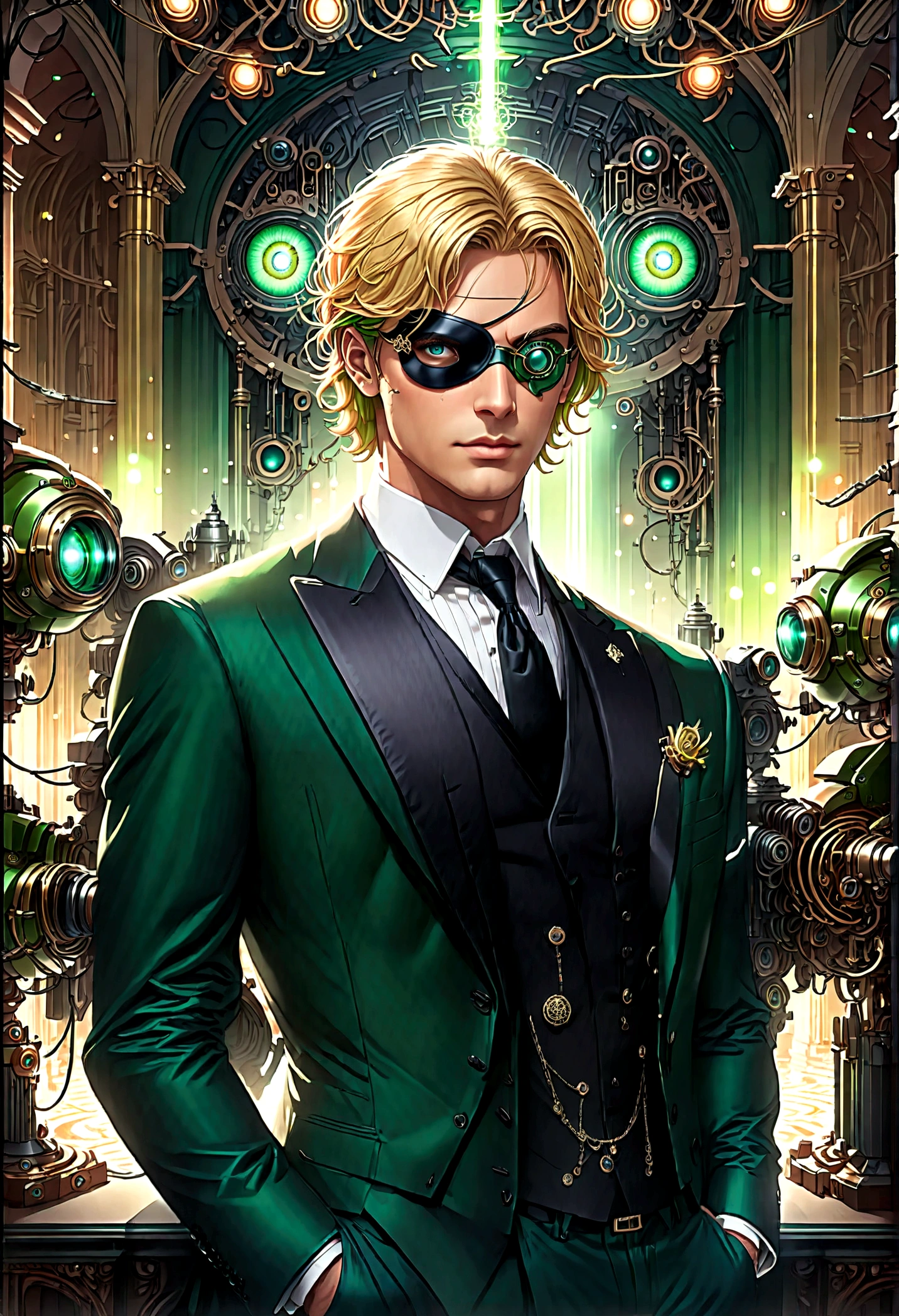 Arafed a picture of a human male spy, wearing dark suit, wearing ((mecha eye patch)), exquisite beautiful male, blond hair, short crop hair, green eyes, eye patch has intricate mechanical part in it, high society gala event background, (Masterpiece: 1.5), 16k, highres, best quality, high details, ultra detailed, masterpiece, best quality, (extremely detailed), ((only one eyed covered: 1.5))