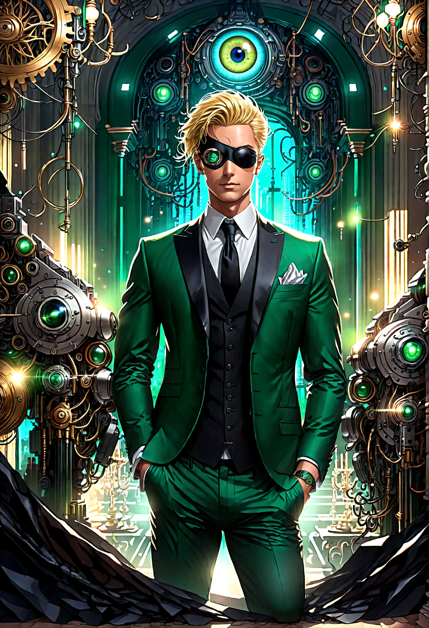 Arafed a picture of a human male spy, wearing dark suit, wearing ((mecha eye patch)), exquisite beautiful male, blond hair, short crop hair, green eyes, eye patch has intricate mechanical part in it, high society gala event background, (Masterpiece: 1.5), 16k, highres, best quality, high details, ultra detailed, masterpiece, best quality, (extremely detailed), ((only one eyed covered: 1.5))