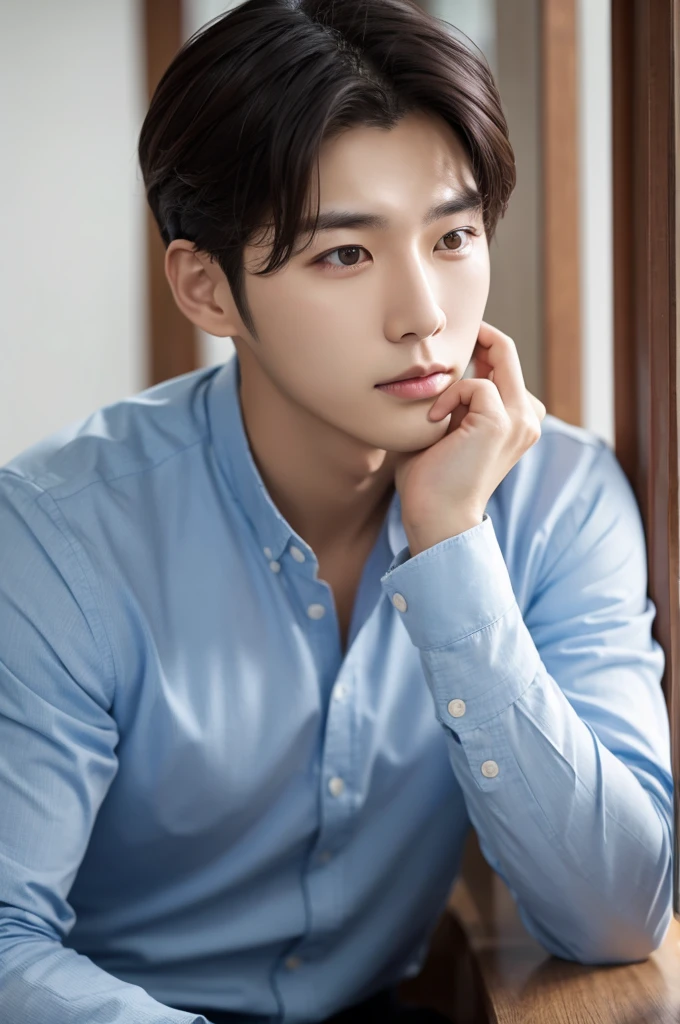 4K camera, perfect face, perfect skin, Korean man, white shirt, 22 years old, actor, pure white background