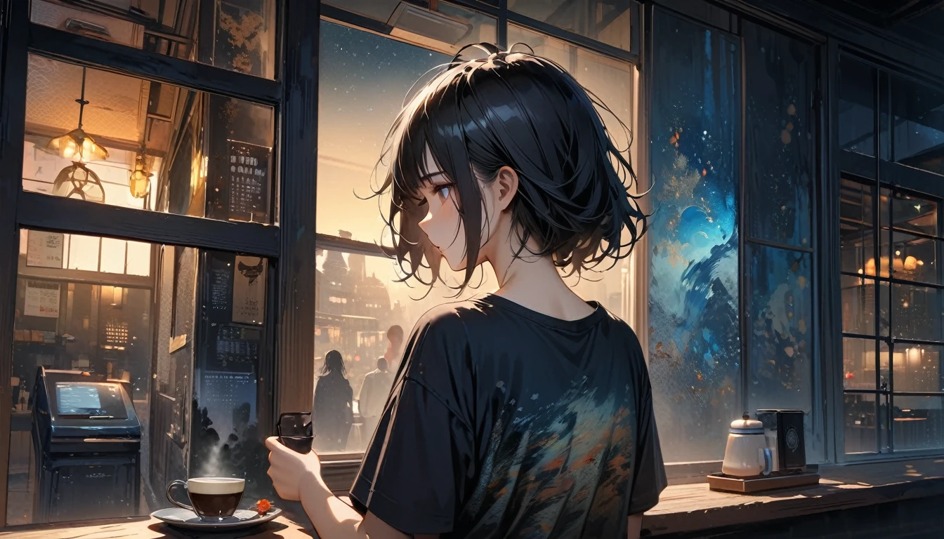 (((from behind))), ((8k of extremely detailed CG unit, Masterpiece, high resolution, highest quality, highest quality real texture skin)), (((indirect lighting))), (((Cafe with a calm atmosphere))), (((Big window with night sky))), ((Drinking coffee)), ((1 girl)), (Japanese pattern Tシャツ, denim), (Black hair, messy hair, beige skin), (Surreal, digital painting)
