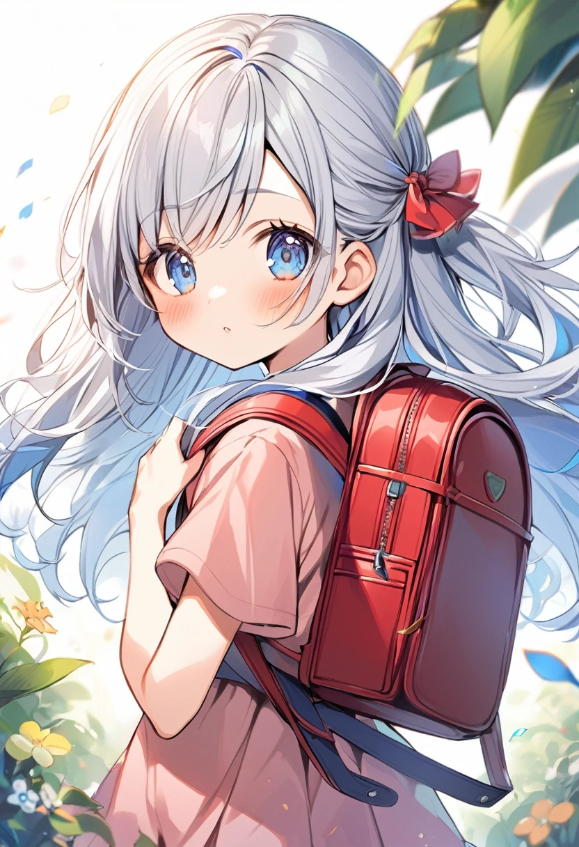 1girl 10 years old,(blue hair)|(gray hair)0.5,long hair,blue eyes,backpack,red randoseru