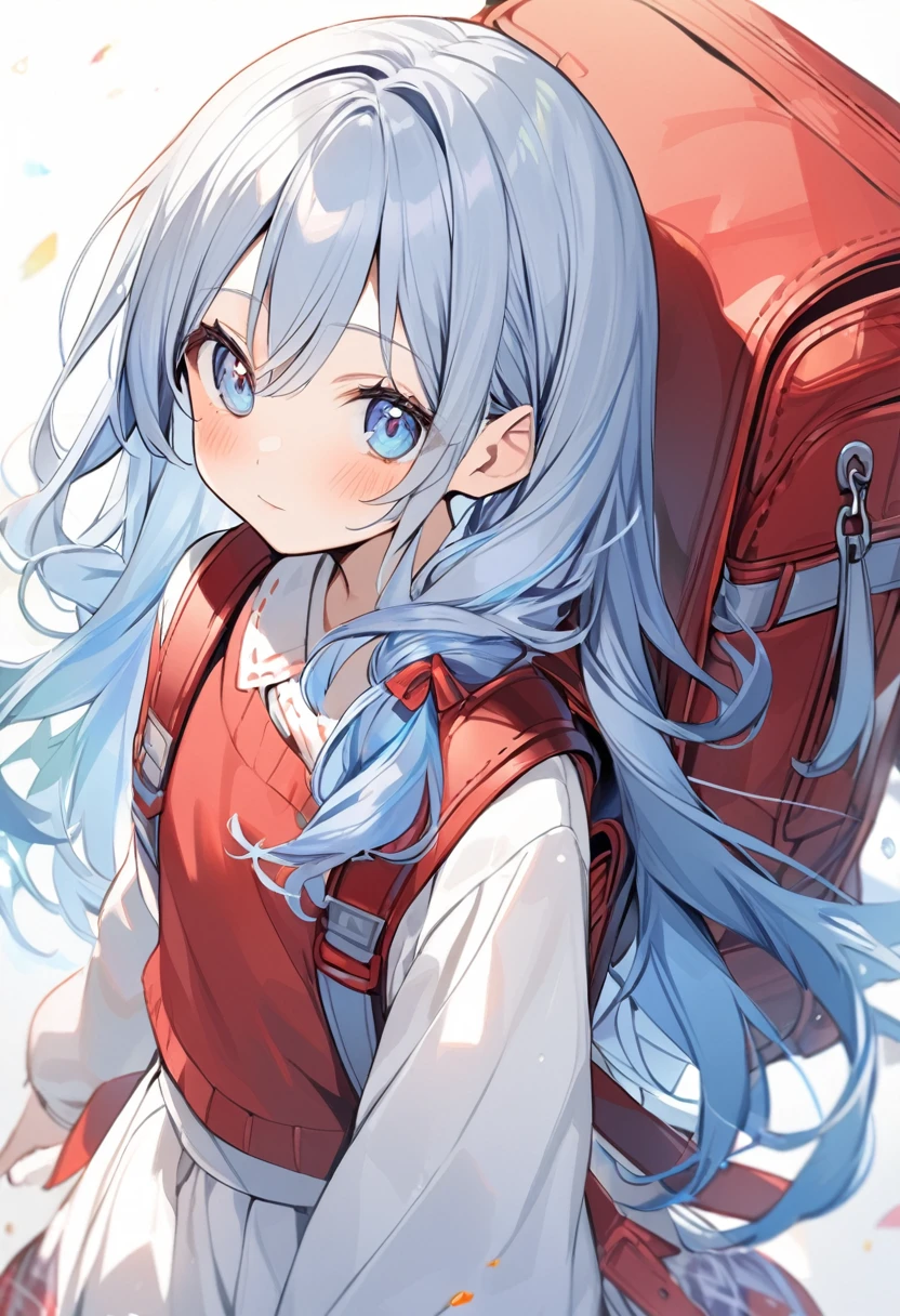 1girl ,(blue hair)|(gray hair)0.5,long hair,blue eyes,backpack,red randoseru