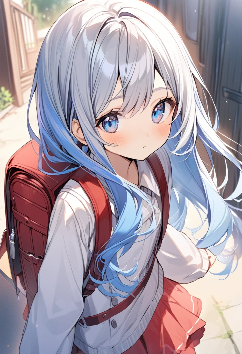 1girl 10 years old,(blue hair)|(gray hair)0.5,long hair,blue eyes,backpack,red randoseru