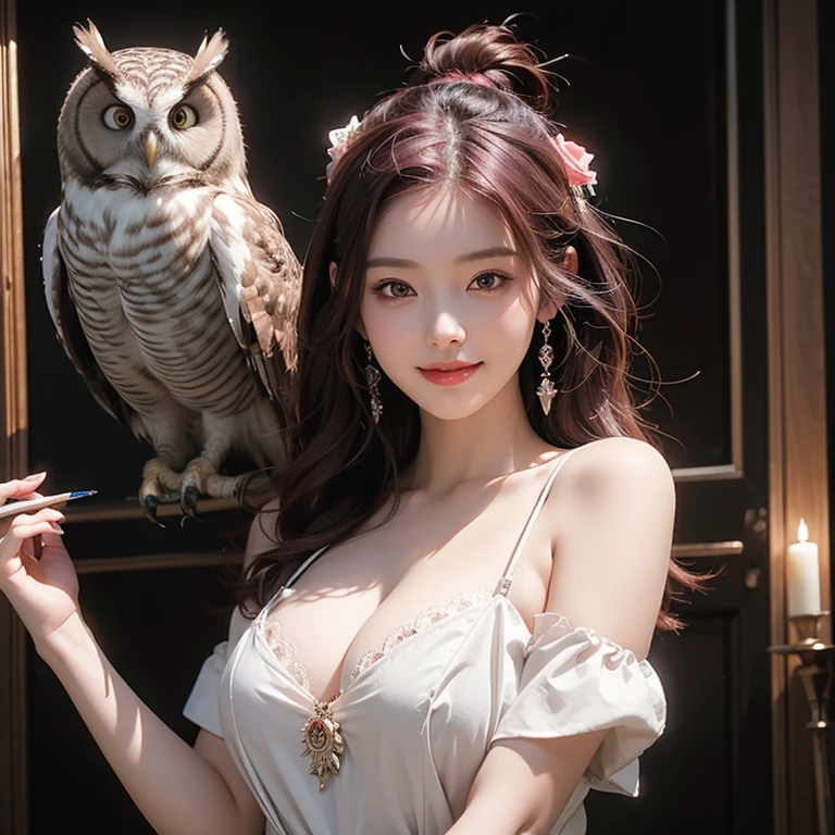 (Highest quality, masterpiece: 1,1), (busty with owl, dark eyes, bright smile, rose hair, illustration), painting, detailed, 8K