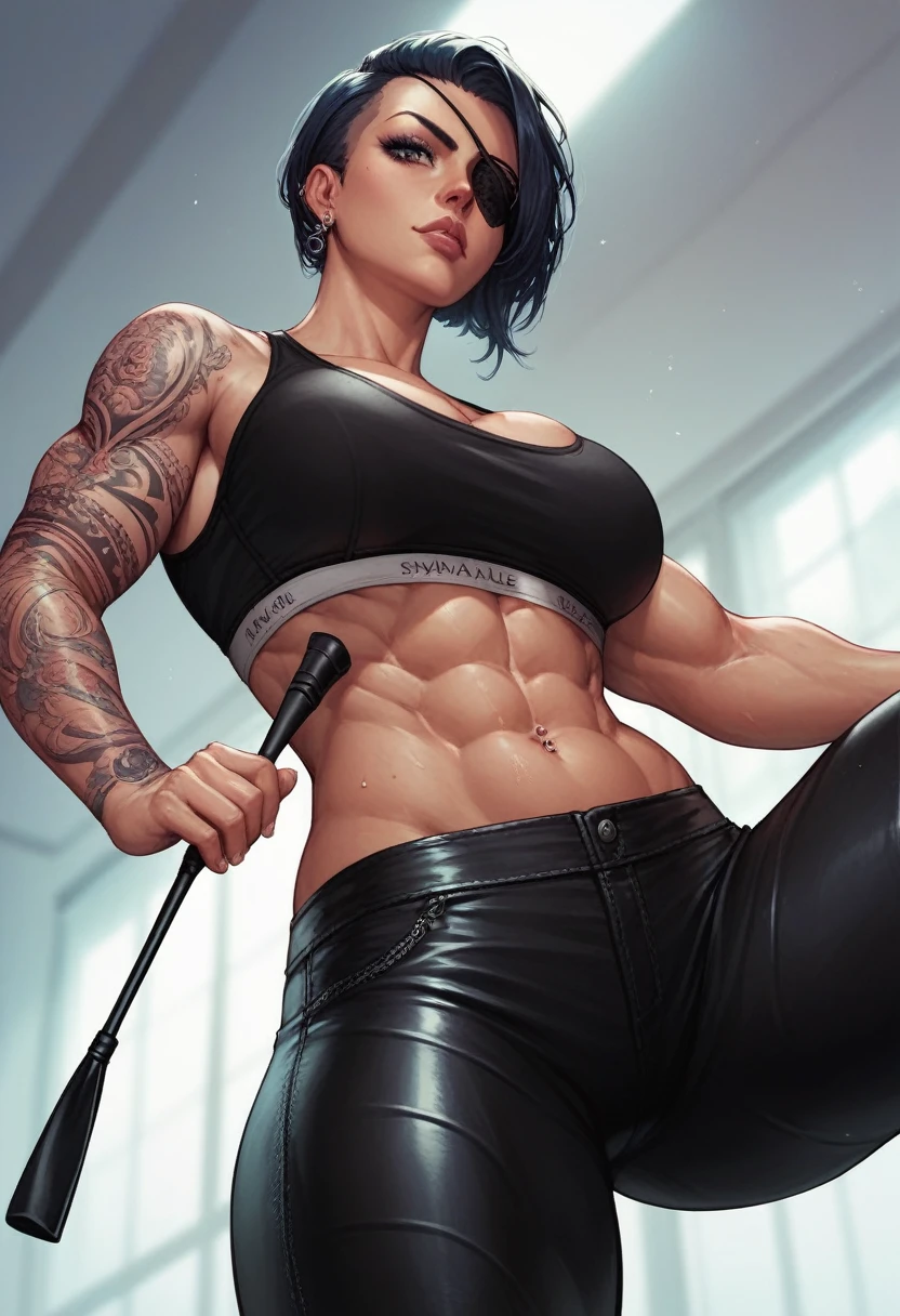 1girl, from below, eyepatch, riding crop, leather pants, sports bra, tattoos, muscles