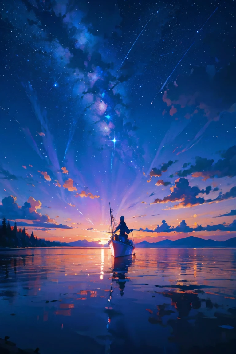 ((masterpiece, highest quality)), magic hour, twilight, lake, water reflection, navy, blue, purple, vermilion, stars, calm, quiet