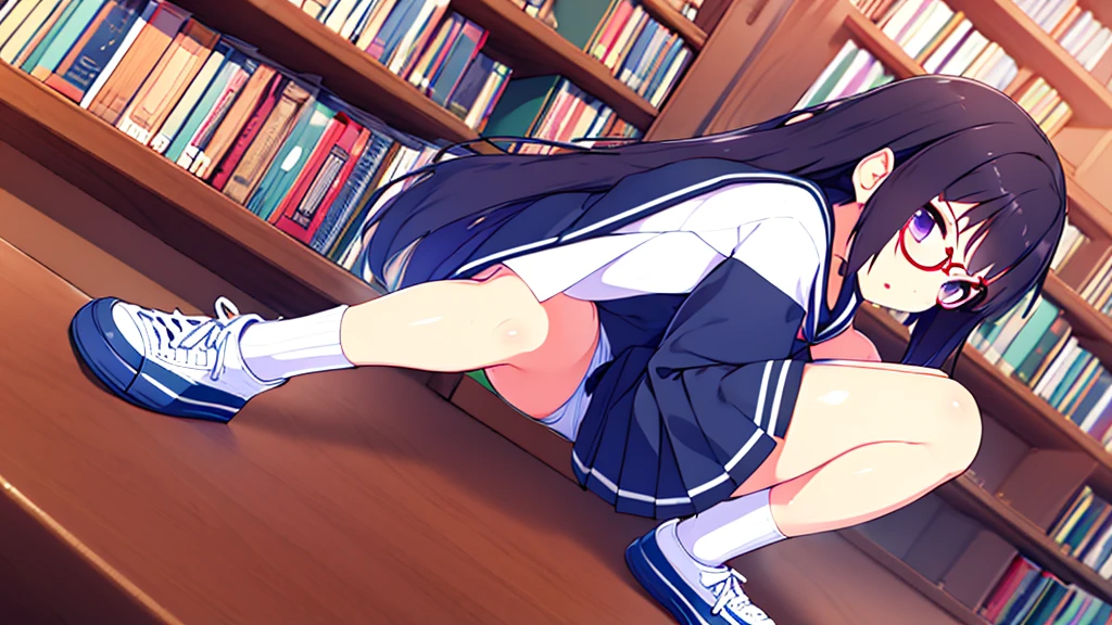 -year-old　Flat Chest　Blacir　LoHair　Purple eyes　1 person　Glasses　Short-sleeved sailor suit　Navy blue mini skirt　White panties　White socks　sneakers　School Library　Crouching　Dynamic Angle　Low Angle