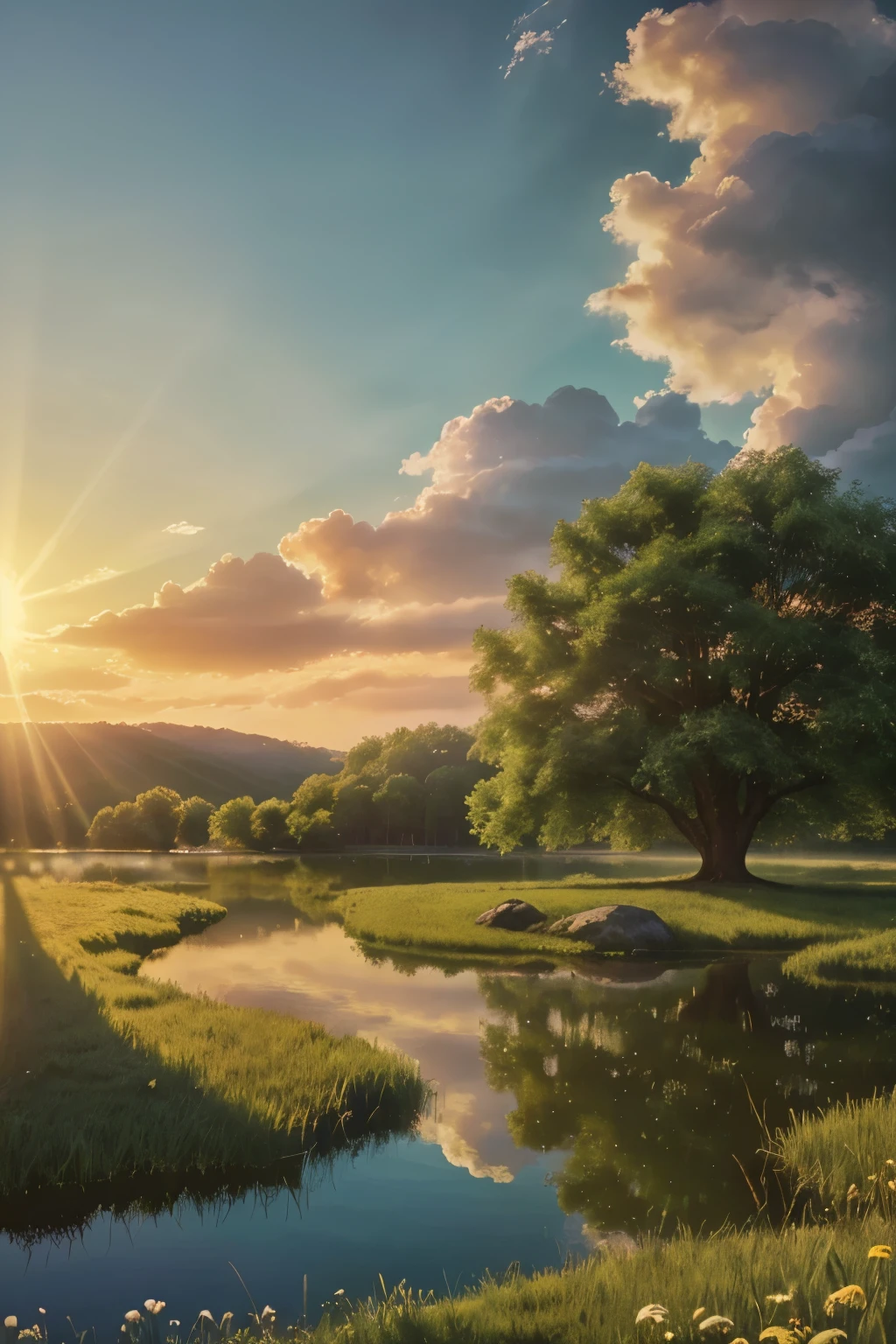 A serene, ethereal landscape with fluffy clouds, glowing sun rays, floating angelic figures, lush green meadows, and a tranquil lake reflecting the divine light, (best quality,4k,8k,highres,masterpiece:1.2),ultra-detailed,(realistic,photorealistic,photo-realistic:1.37),heavenly, angelic, peaceful, idyllic, glowing light, soft colors, cinematic composition