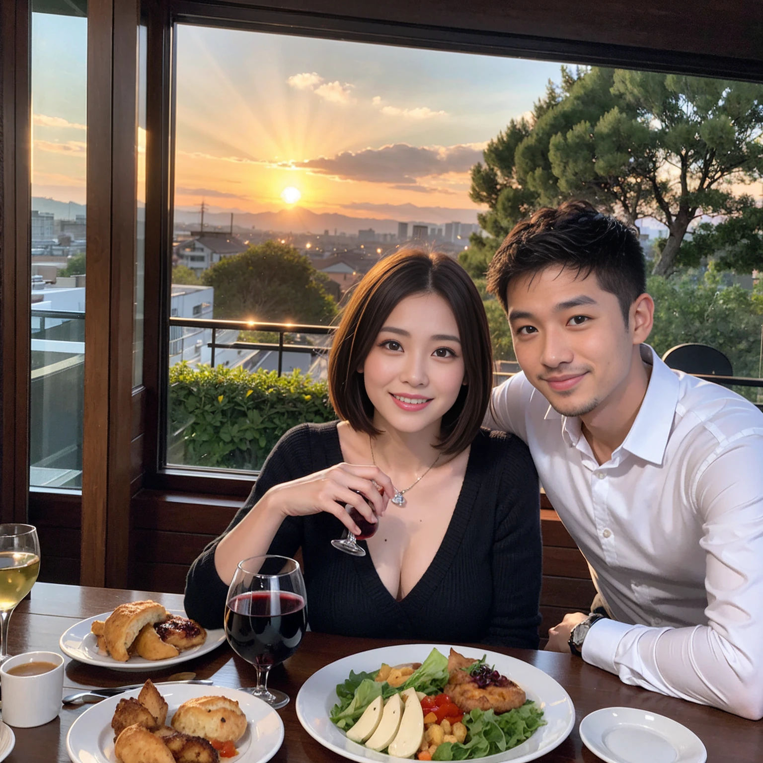 ((Highest quality、8k、masterpiece:1.3))、 (Genuineistic, Genuine、Bright image、Intricate details:1.2), 最高のsmile 男性1人 女性1人、美しいCouple、spouse、Relatives and friends、actress Couple、Couple、モデルCouple、smile、Full-course dinner at a packed table、テーブルにwine glass、 (Slim face), (the body is slim), (Brown Hair), (short hair), Please shine a light on my face、 Amazing view of the sunset sky and clouds、 (4), 38 years old, red wine 、Appetizers、Wine bottle、sparkling wine、Long sleeve shirt、dress、White wine, red wine, wine glass,