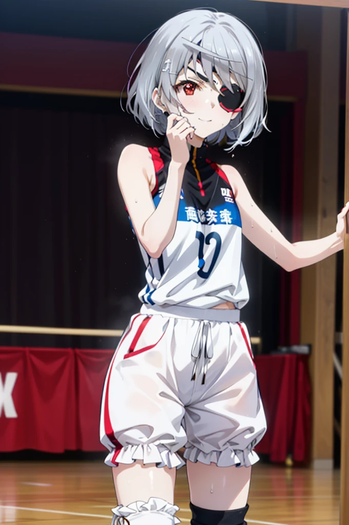Laurabodewig, Laura Bodewig, Long Hair, (Red eyes:1.3), Grey Hair, Eye patch,smile,
break, (((Stained bloomers))), (Stained Volleyball Uniforms), Sleeveless volleyball uniform, (((Stained bloomers))), (Knee pads), (Elbow pads), (bare hands), ((Sweat)), ((covered in Sweat)), (breathe), Volleyball court, Ballet Shoes,whole bodyがイラストに入るように,
break indoors, gym,
break looking at viewer,whole body, (Cowboy Shot:1.5),
break (masterpiece:1.2), Highest quality, High resolution, unity 8k wallpaper, (figure:0.8), (Beautiful attention to detail:1.6), Highly detailed face, Perfect lighting, Highly detailed CG, (Perfect hands, Perfect Anatomy),