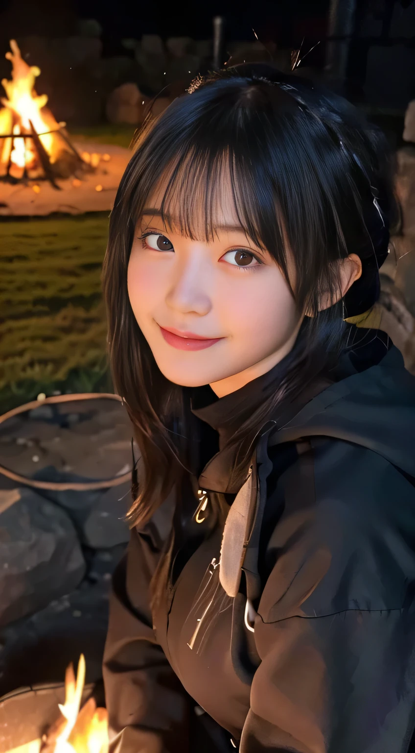 (Highest quality,8k,masterpiece:1.3,),(Ultra-high resolution,Photorealistic:1.4,Raw photo),(Ultra-detailed,Glowing Skin,Delicate skin),(Detailed face,Perfect Anatomy,Caustics),(Little girl sitting around a campfire in the mountains),cute,18-year-old,Japanese,Japanese Ido,smile,Looking down at the camera,Black-haired,Short Ponytail,Large Breasts,(Hooded parka),Long trousers,Late at night,(Star-filled night sky),(Close-up of a bonfire:1.1),Low position,Low angle,