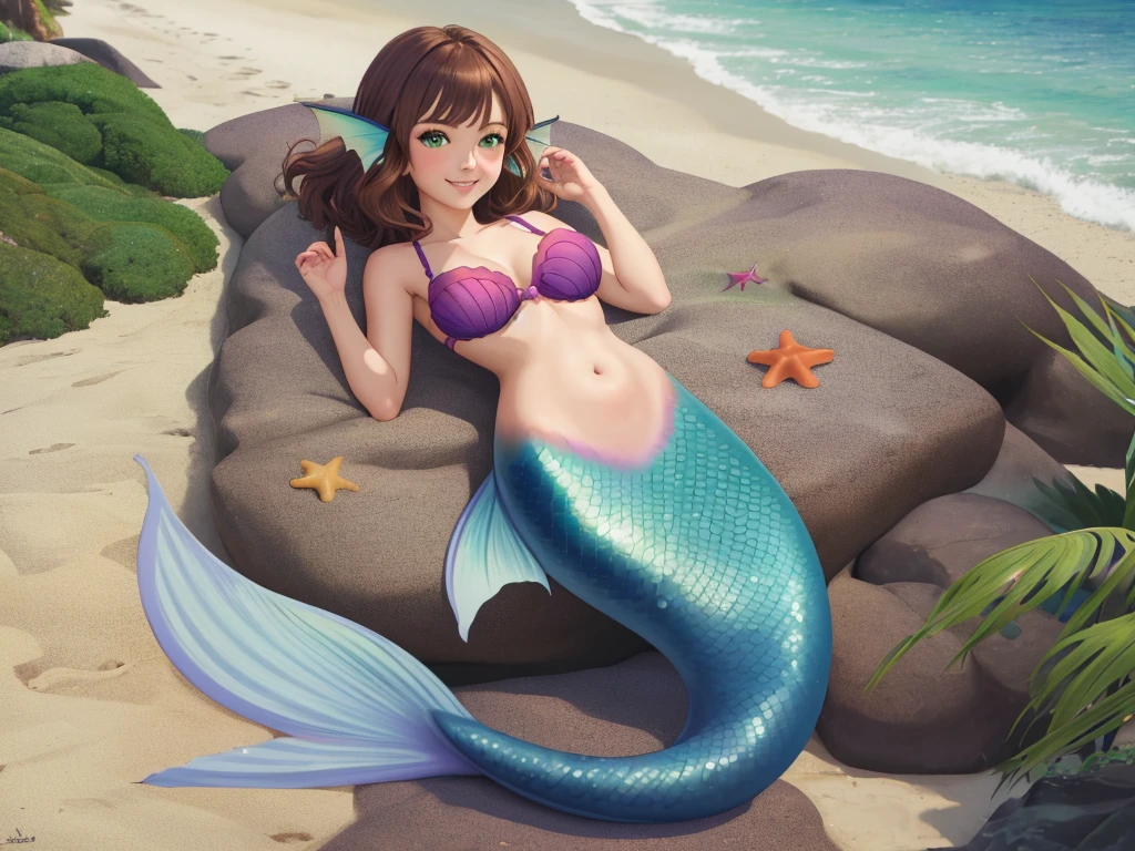 masterpiece, best quality:1.2), 1girl, smile, looking at viewer, green eyes, short brown hair, mermaid, mermaid girl, wearing purple seashell bra, laying on belly on beach, colorful mermaid tail, outdoors, head fins, fin ears