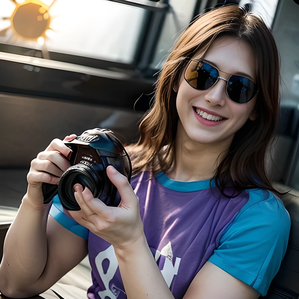 8K, ultra detailed, (realistic:1.2), (1man:1.3), 40yo, (muscular, fat:1.3), (sun glass:1.5), BREAK long hair, gold hair, BREAK (purple t-shirts, laugh, holding video camera:1.3), (looking at viewer:1.3), reinopool