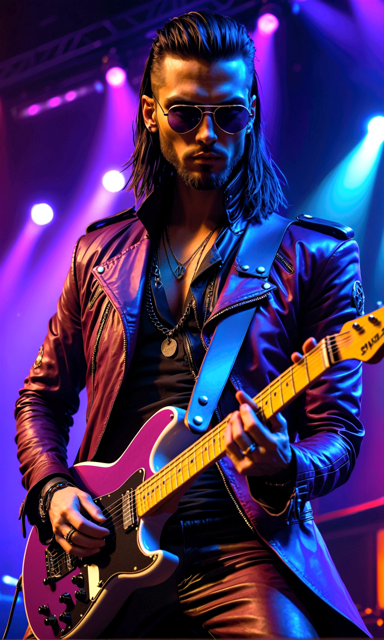 cyberpunk style rockstar playing guitarist on stage, masculine, band, detailed facial features, lovely, detaillierte Augen, beautiful detailed lips, extrem detailliertes Gesicht, lange Haare, Lederjacke, elektrische Gitarre, on stage, Neonlichter, Science-Fiction-Stadtbild-Hintergrund, dramatische Beleuchtung, filmisch, stimmungsvolle Farben, dark blue and purple tones, hyperrealistisch, fotorealistisch, 8k, best quality, Meisterwerk