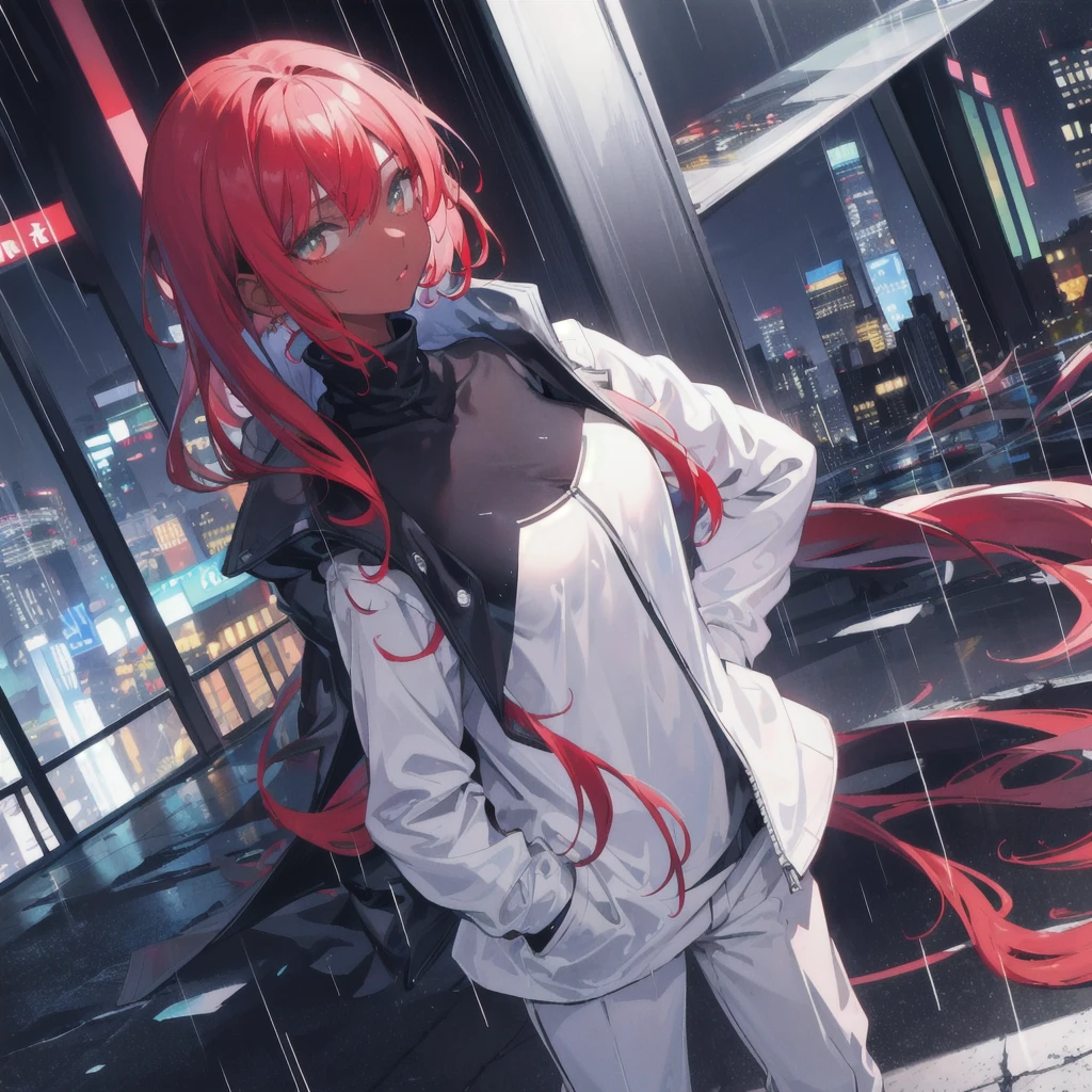 1man,night city,rain, turtleneck,hands in pockets,white clothes,red hair,dark skinned
