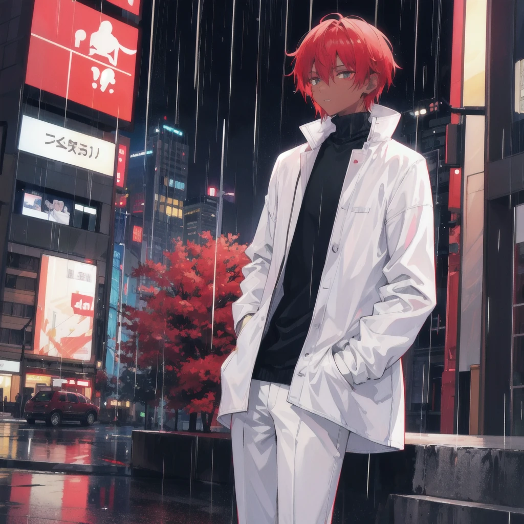 1man,night city,rain, turtleneck,hands in pockets,white clothes,red hair,dark skinned