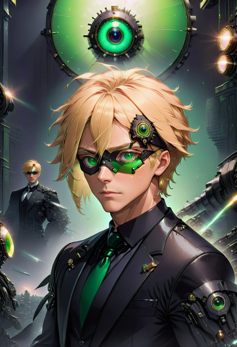 Arafed a picture of a human male spy, wearing dark suit, wearing ((mecha eye patch)), exquisite beautiful male, blond hair, short crop hair, green eyes, eye patch has intricate mechanical part in it, high society gala event background, (Masterpiece: 1.5), 16k, highres, best quality, high details, ultra detailed, masterpiece, best quality, (extremely detailed),