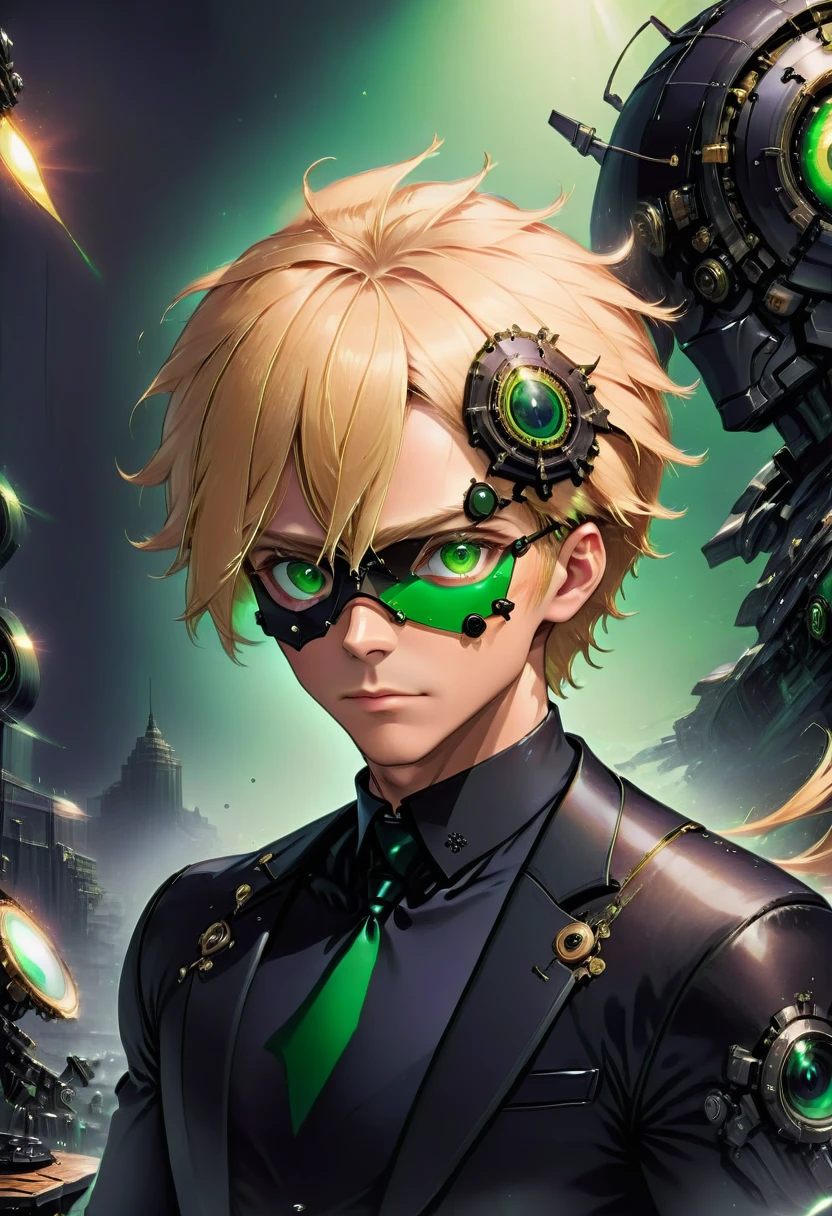 Arafed a picture of a human male spy, wearing dark suit, wearing ((mecha eye patch)), exquisite beautiful male, blond hair, short crop hair, green eyes, eye patch has intricate mechanical part in it, high society gala event background, (Masterpiece: 1.5), 16k, highres, best quality, high details, ultra detailed, masterpiece, best quality, (extremely detailed),