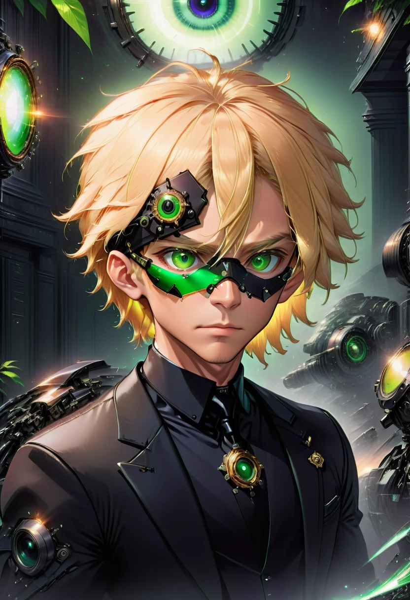 Arafed a picture of a human male spy, wearing dark suit, wearing ((mecha eye patch)), exquisite beautiful male, blond hair, short crop hair, green eyes, eye patch has intricate mechanical part in it, high society gala event background, (Masterpiece: 1.5), 16k, highres, best quality, high details, ultra detailed, masterpiece, best quality, (extremely detailed), 