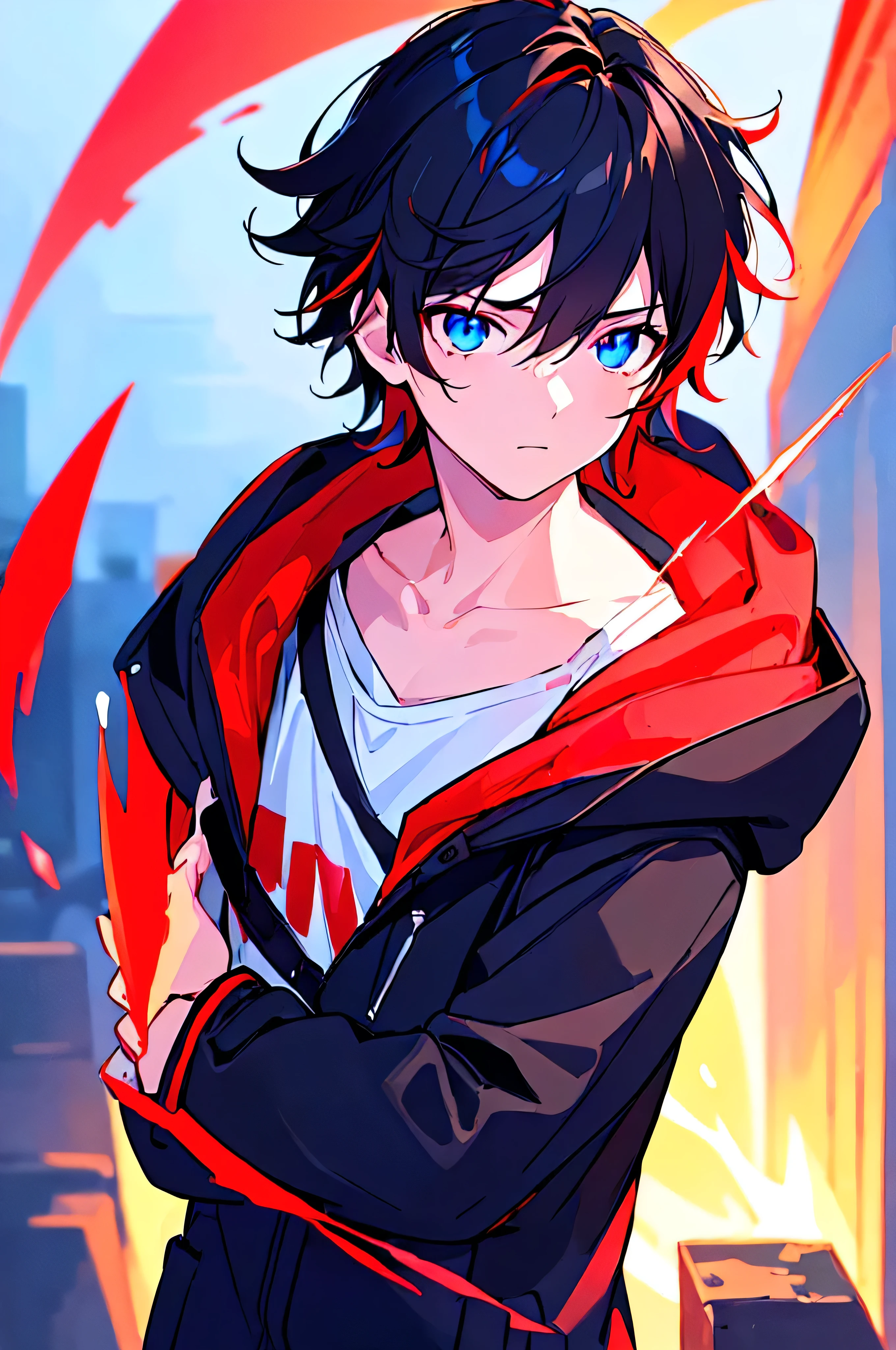 [(SKY BACKGROUND:1.5),::5], ((((masterpiece)))), high quality, ultra very high resolution, full color, (((solo))), ((little boy)), black hair, ((red streaked hair)), blue eyes, anime, ((upper body)), neon light, black parka, (flame effect:1.2), (blood effect:1.2)