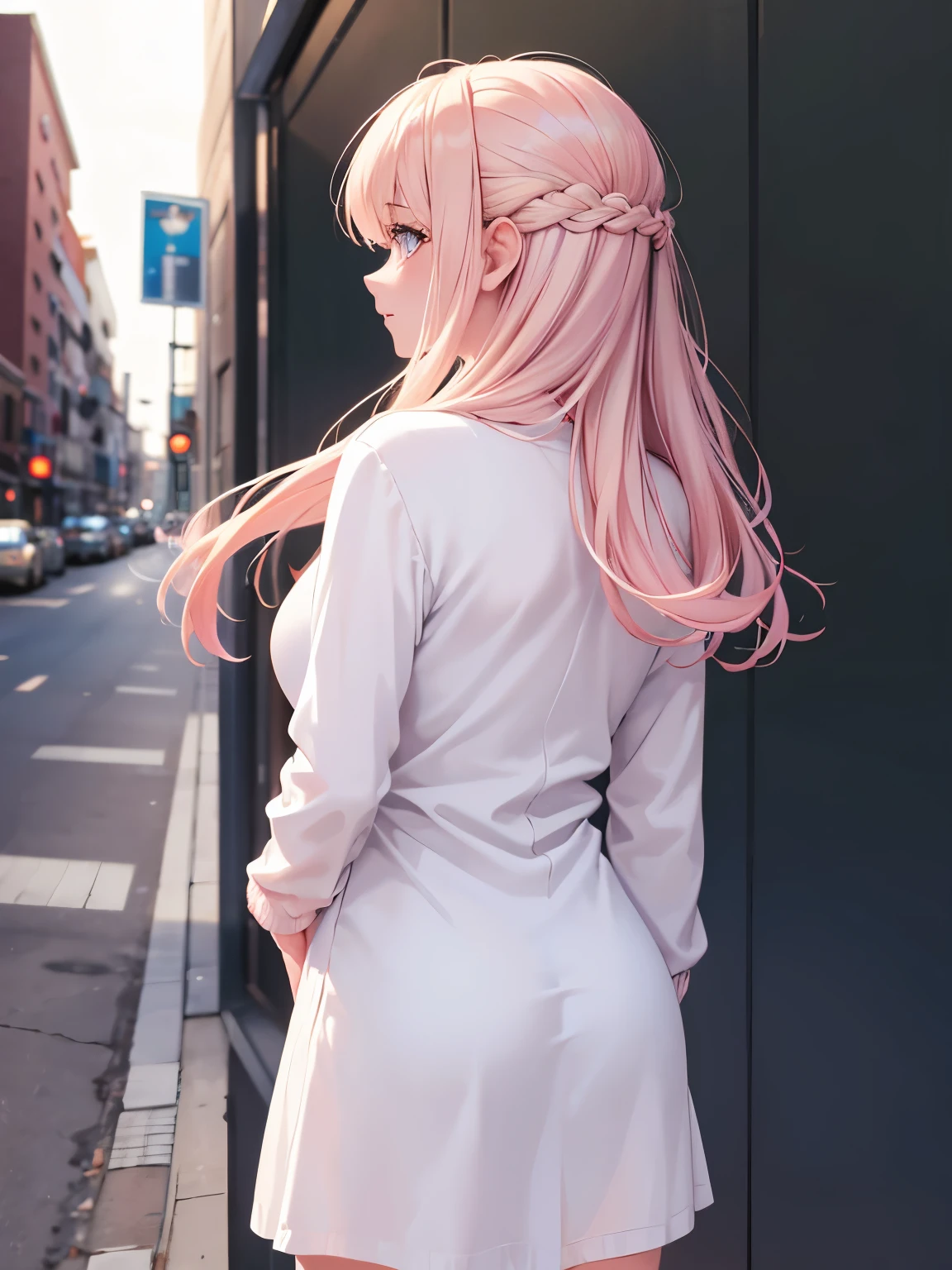 1woman,Standing facing backwards, camera angle from behind, photo from behind, looking away,early in the morning,stunning,half body photo,Short white dress, pink cardigan,very big breasts,Blonde hair,blonde hair,bangs,long hair, straight hair,ultra detail,ultra Hd, masterpiece,4k