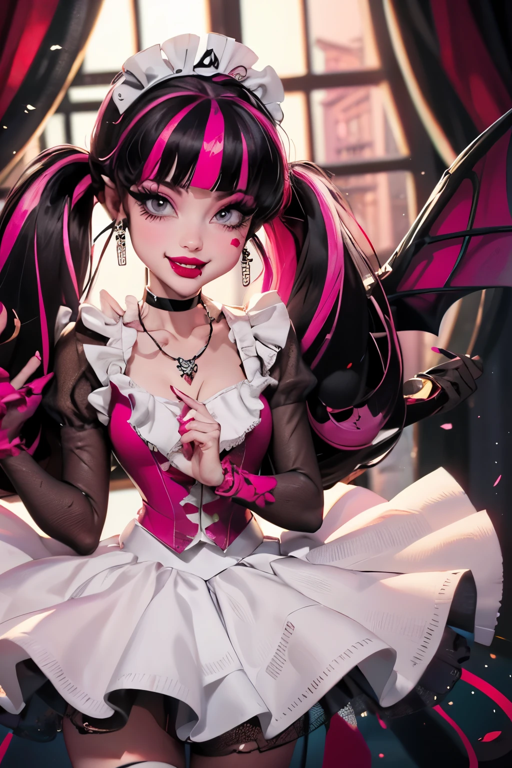 1 girl, a girl with bat wings on her back, perfectly hands, perfectly body, black choker, bat necklace, necklace, centered, bat jewelry, award winning upper body portrait, cowboy shot, (looking at viewer:1.2), Draculaura_MH, solo, black half hair, pink half hair, multicolored hair, long hair, ornament hair, choker, maid dress, maid clothes, maid headdress , maid apron, white apron, pink shirt, white dress, pink knee boots, smiling, kitchen scenery, cake on focus, kitchen, stand up close to window, depth of field, cinematic composition, ((high quality)), ((Work of art)), (more detail), half black hair, half soft pink hair, wave hair, smile, vampire fangs, bat wings, white dress, black dress with transparency, pink laces, black gloves, black high socks, high hills boots, bat jewelry, jewelry, seat on the grass, dark red roses on focus, Draculaura_(monster high), Monster High, looking at the viewer, more details on the clothes, 