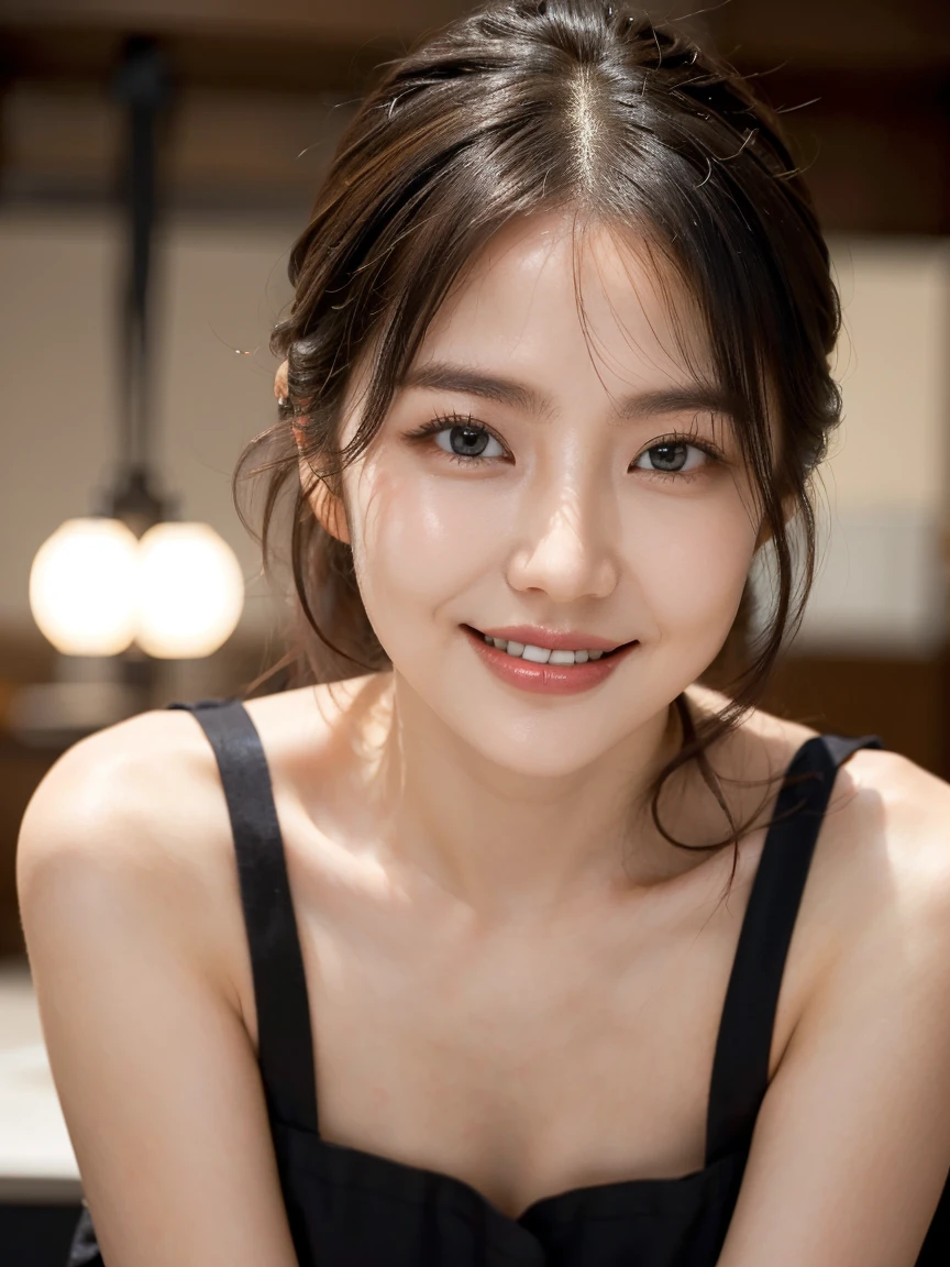 ((8k、sharp、masterpiece、Highest quality、Photorealistic、Very beautiful face、Fair skinで可愛い、Fair skin、very cute、Moisturized Skin))、 Shiny skin, Moisturized Skin、Fair skin、Cute face、Thin legs、Beautiful shaped buttocks,Professional Lighting、Portrait Shot、Smiling at the audience、(Naked black apron:1.3)、((She captivates the audience&#39;s pants in the kitchen.&#39;))、&#39;kitchen、No clothes、I&#39;Wearing an apron、You can see the chest on the side、Small breasts