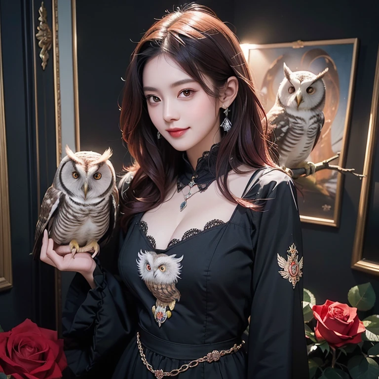 (Highest quality, masterpiece: 1,1), (busty with owl, dark eyes, bright smile, rose hair, illustration), painting, detailed, 8K