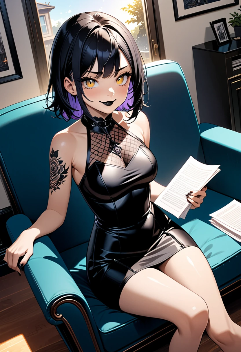 detailed illustration, dynamic angle, ultra-detailed, illustration, 1girl, short black hair with purple highlights, amber eyes, yellow eyes, tattoos, black club dress, black lipstick, goth, smirk, pleased, cunning, sitting on a blue couch, living room, morning, daylight, holding papers