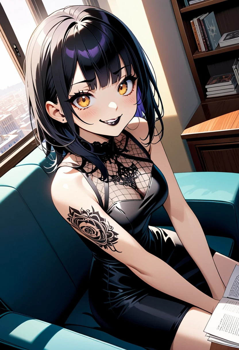 detailed illustration, dynamic angle, ultra-detailed, illustration, 1girl, short black hair with purple highlights, amber eyes, yellow eyes, tattoos, black club dress, black lipstick, goth, smirk, pleased, cunning, sitting on a blue couch, living room, morning, daylight, holding papers