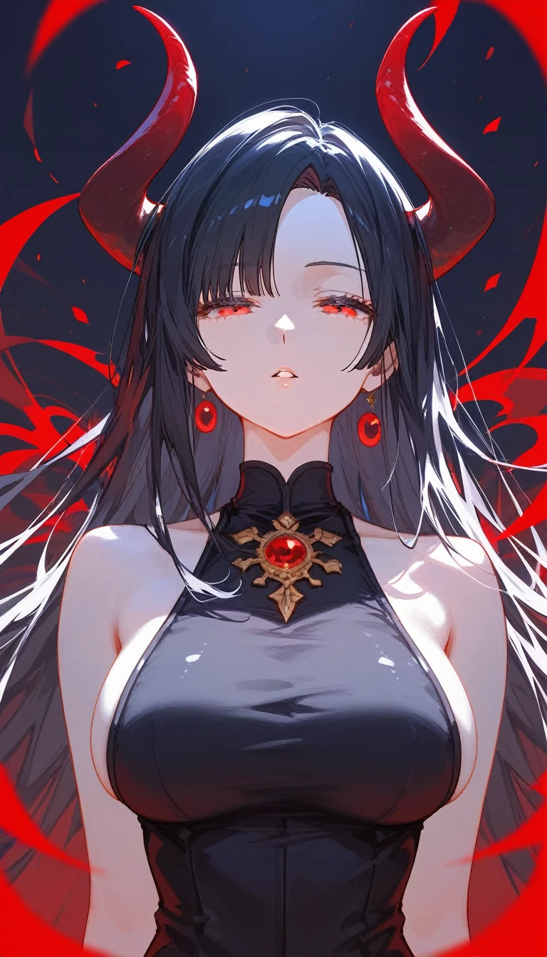 masterpiece, Score_9, Score_8_up, Score_7_up, front view, 1 woman, alone, black hair with red, long hair, parted bangs, dark red eyes, half-closed eyes, parted lips, expressionless, pale skin, large breasts, body suit, black bottom, best quality, horns up, long open bangs, black sleeveless shirt, black V-neck, red baggy pants, high heels, jibaku shounen Hanako kun 