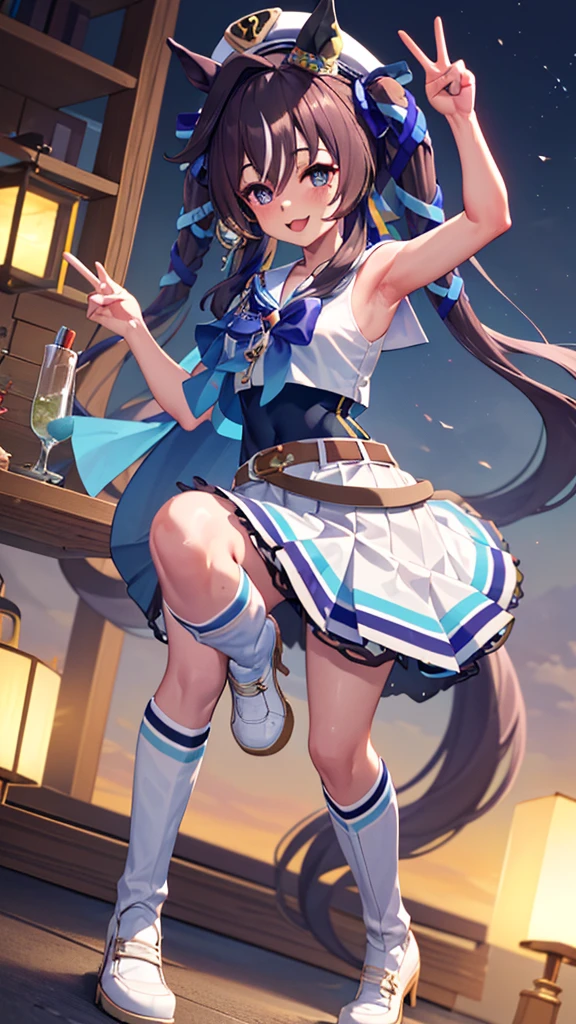 masterpiece, best quality, detailed, highly detailed, ultra detailed, vivlos \(umamusume\), horse tail, hat, white sailor collar, bare shoulders, blue ribbon, small cape, strap, anchor ornament, bodystocking, belt, bare knees, white pleated skirt, white boots, smile, arm up, armpits, peace sign