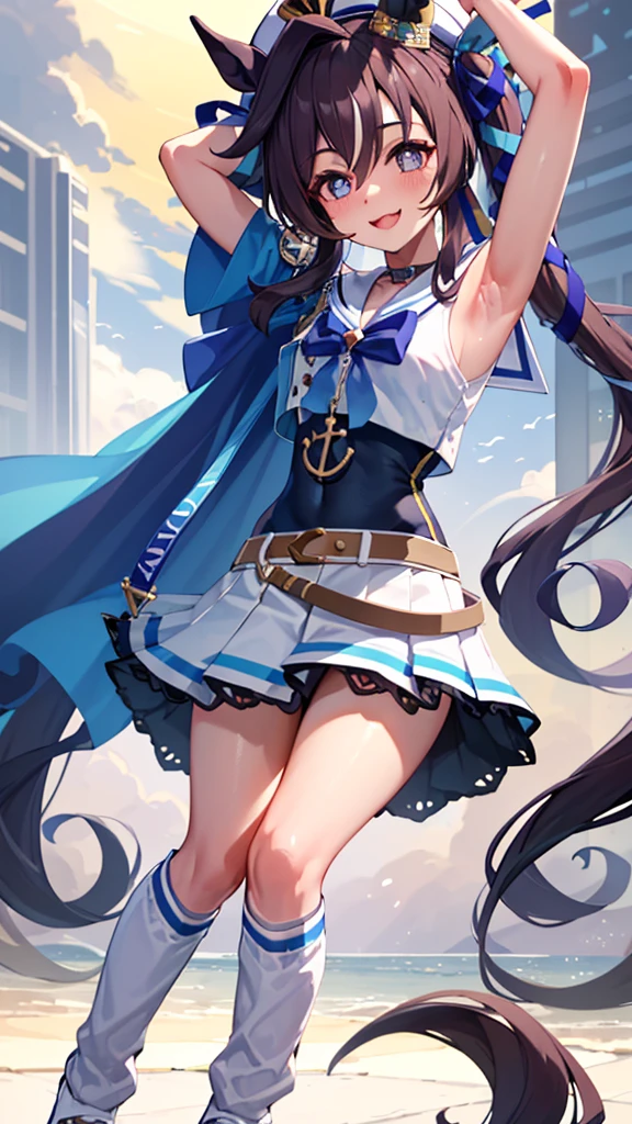 masterpiece, best quality, detailed, highly detailed, ultra detailed, vivlos \(umamusume\), horse tail, hat, white sailor collar, bare shoulders, blue ribbon, small cape, strap, anchor ornament, bodystocking, belt, bare knees, white pleated skirt, white boots, smile, arm up, armpits, peace sign