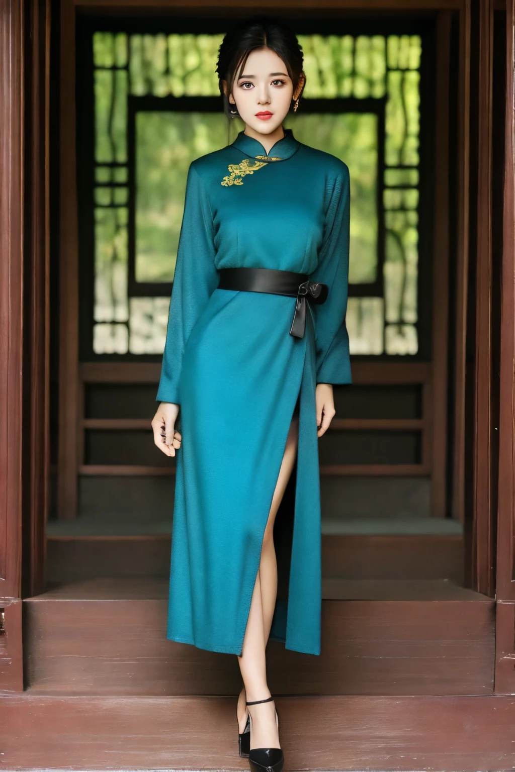 (1girl:1.3),  (best quality,  masterpiece,  ultra high resolution), (photorealistic:1.3),  (realistic:1.3),  depth of field, (full body:1.2),  (day:1.2),  (cinematic lighting:1.2),  cheongsam,