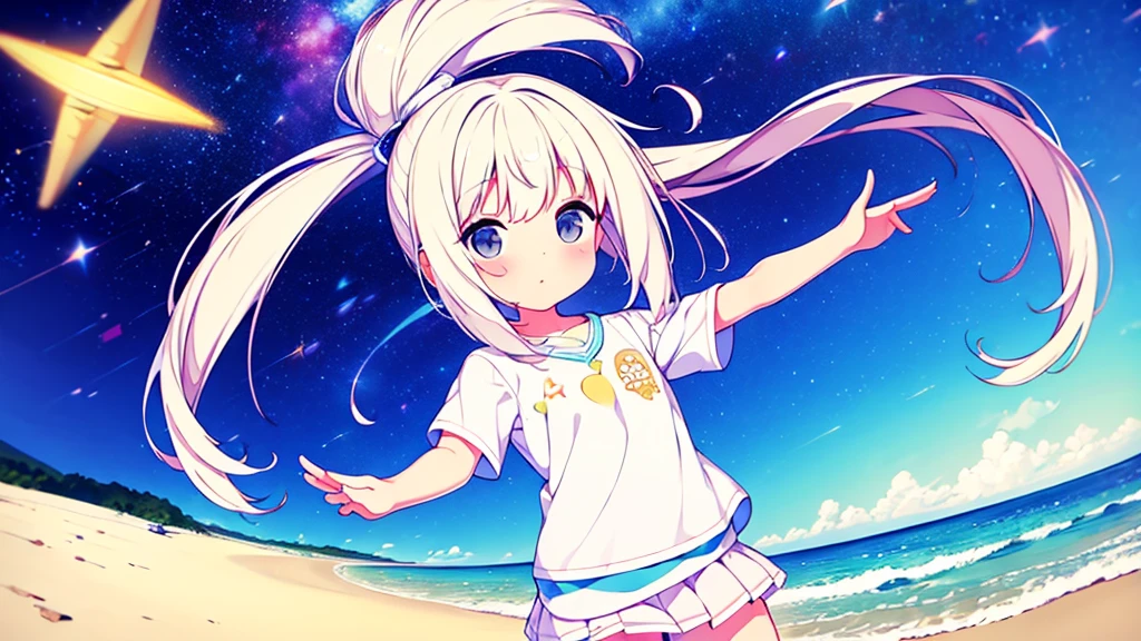 Una linda camisa blanca que la deja ver. 、Falda de vuelo celeste con volantes、Se levanta la falda con ambas manos para lucir su linda ropa interior blanca.、Linda ropa interior blanca visible cuando se levanta la falda.、Playa de arena, Mar hermoso, noche y cielo estrellado