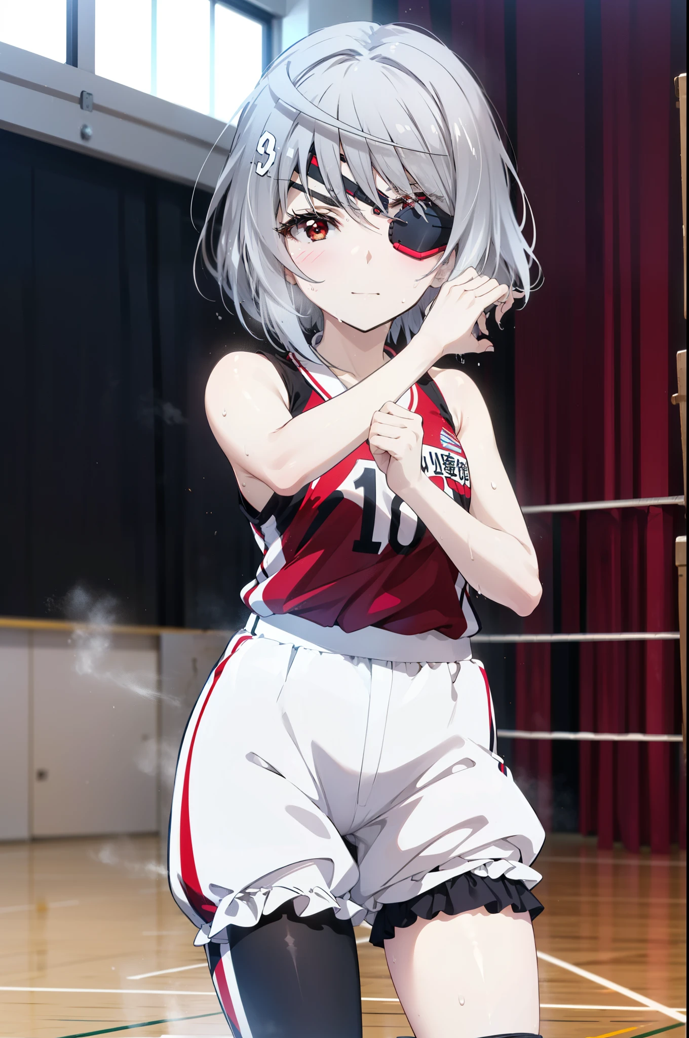 Laurabodewig, Laura Bodewig, Long Hair, (Red eyes:1.3), Grey Hair, Eye patch,smile,
break, (((Stained bloomers))), (Stained Volleyball Uniforms), Sleeveless volleyball uniform, (((Stained bloomers))), (Knee pads), (Elbow pads), (bare hands), ((Sweat)), ((covered in Sweat)), (breathe), Volleyball court, Ballet Shoes,whole bodyがイラストに入るように,
break indoors, gym,
break looking at viewer,whole body, (Cowboy Shot:1.5),
break (masterpiece:1.2), Highest quality, High resolution, unity 8k wallpaper, (figure:0.8), (Beautiful attention to detail:1.6), Highly detailed face, Perfect lighting, Highly detailed CG, (Perfect hands, Perfect Anatomy),