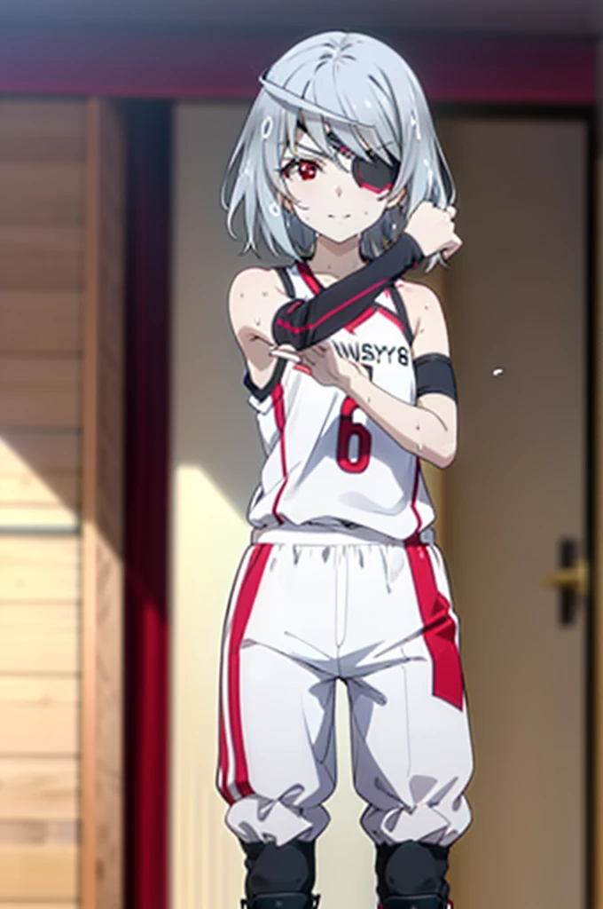 Laurabodewig, Laura Bodewig, Long Hair, (Red eyes:1.3), Grey Hair, Eye patch,smile,
break, (((Stained bloomers))), (Stained Volleyball Uniforms), Sleeveless volleyball uniform, (((Stained bloomers))), (Knee pads), (Elbow pads), (bare hands), ((Sweat)), ((covered in Sweat)), (breathe), Volleyball court, Ballet Shoes,whole bodyがイラストに入るように,
break indoors, gym,
break looking at viewer,whole body, (Cowboy Shot:1.5),
break (masterpiece:1.2), Highest quality, High resolution, unity 8k wallpaper, (figure:0.8), (Beautiful attention to detail:1.6), Highly detailed face, Perfect lighting, Highly detailed CG, (Perfect hands, Perfect Anatomy),